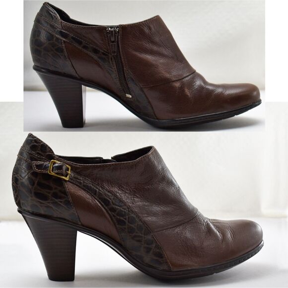 Clarks Bendables Brown Croc Embossed Leather Booties - Side Zip - Women's 9.5M - Picture 1 of 7